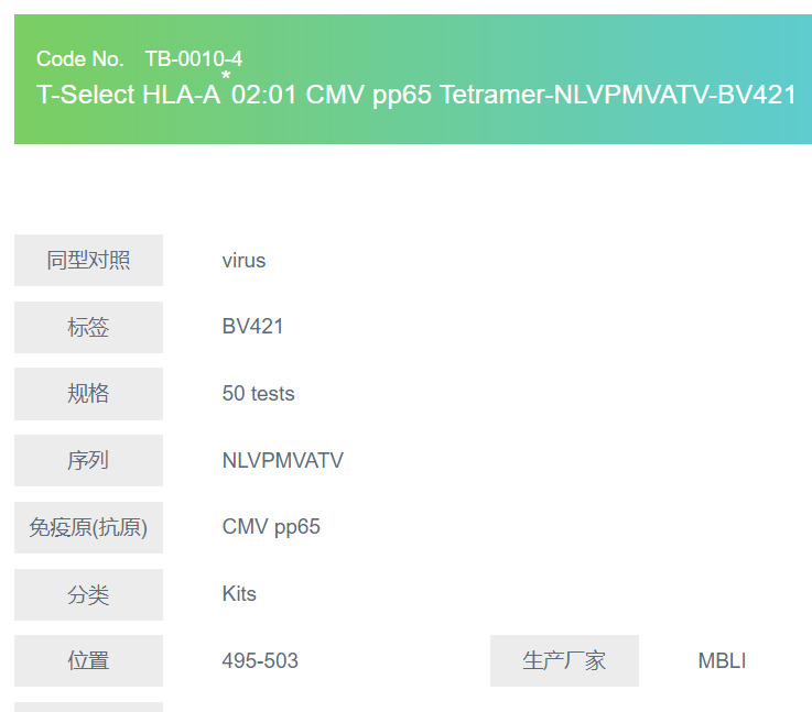 T-Select HLA-A*02:01 CMV pp65 Tetramer-NLVPMVATV-BV421